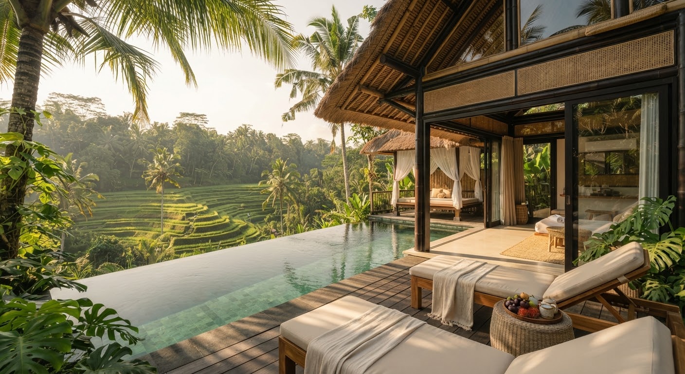A boutique villa overlooking tiered rice terraces in Ubud, Bali