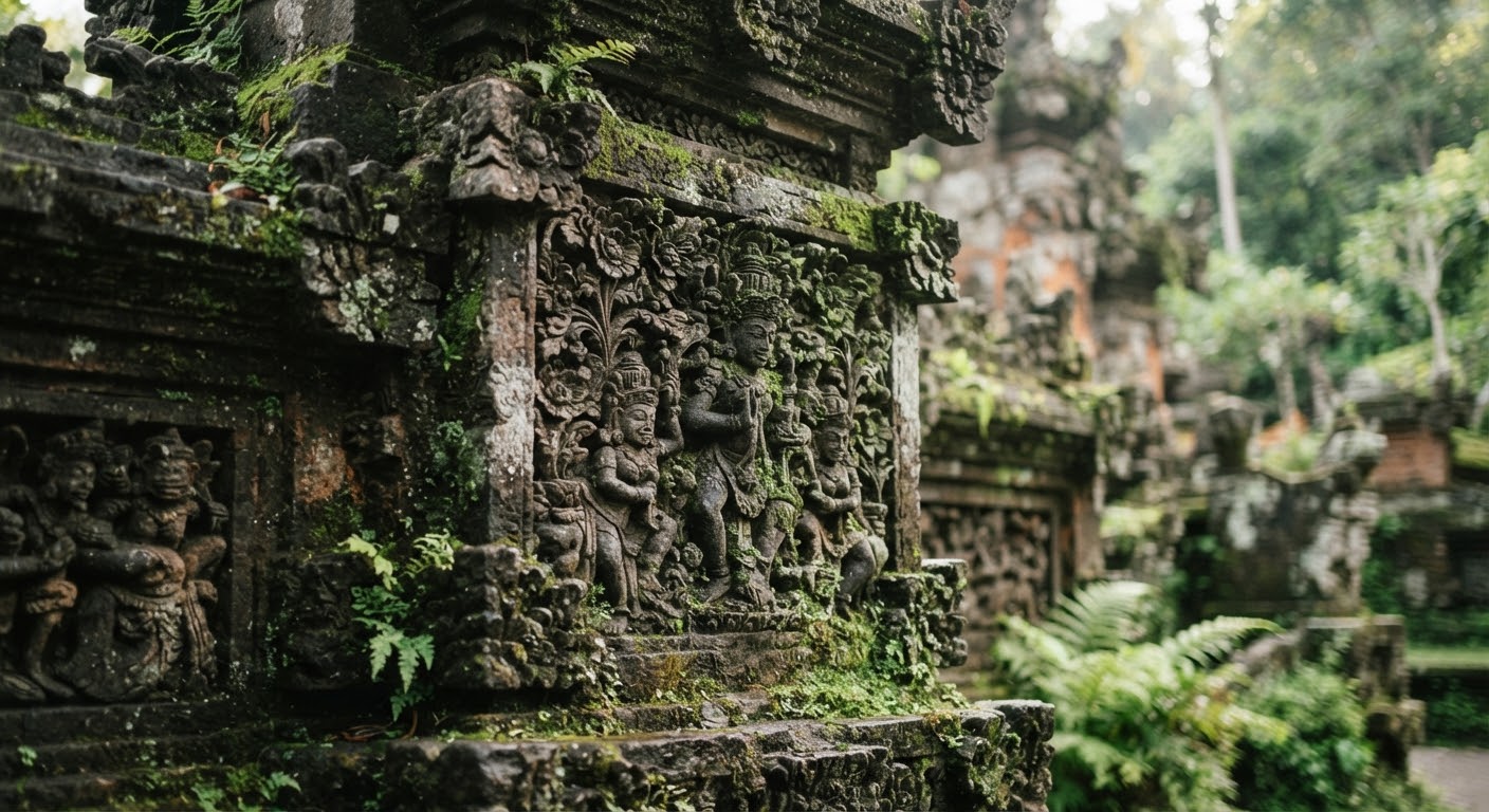 Moss-covered stone carvings of an Indonesian temple facade