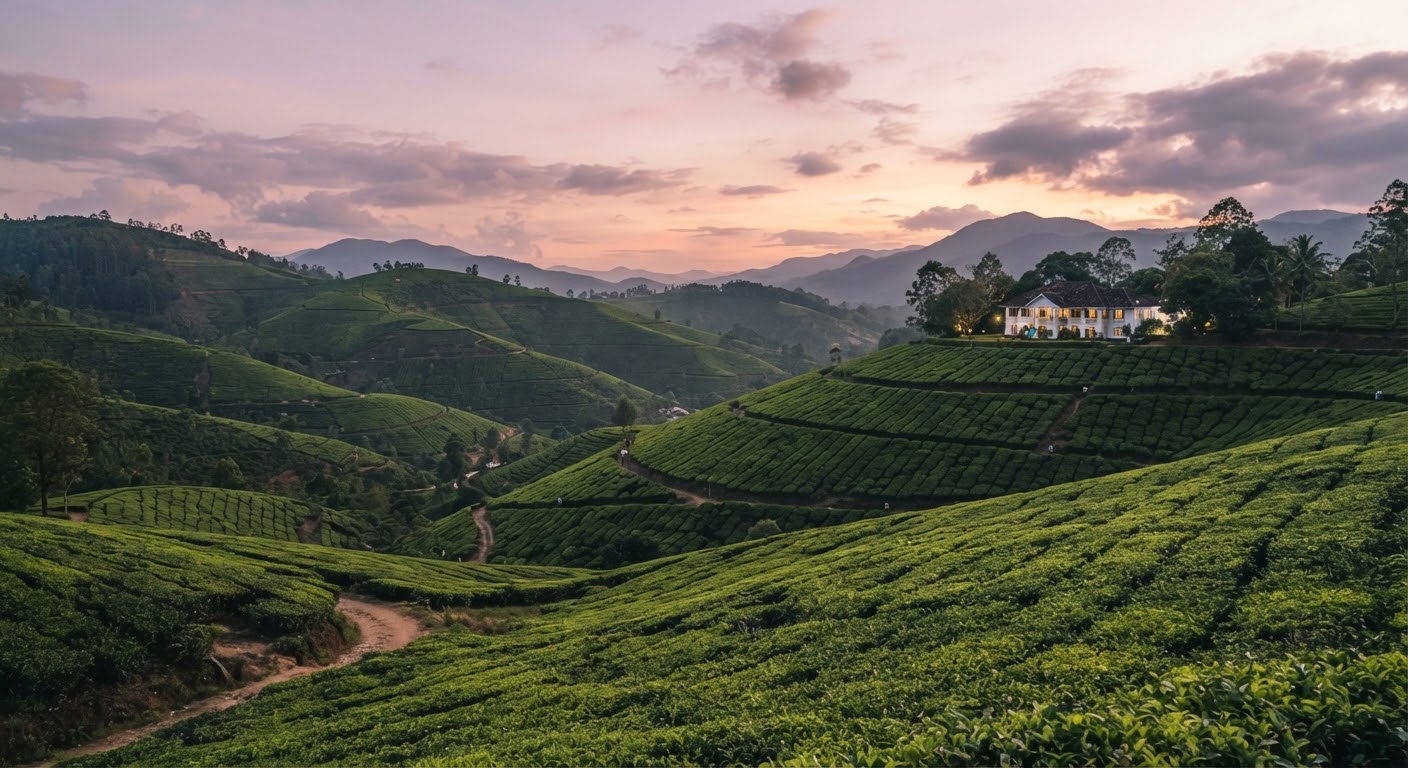 Rolling tea plantation hills in the Sri Lankan highlands at dusk