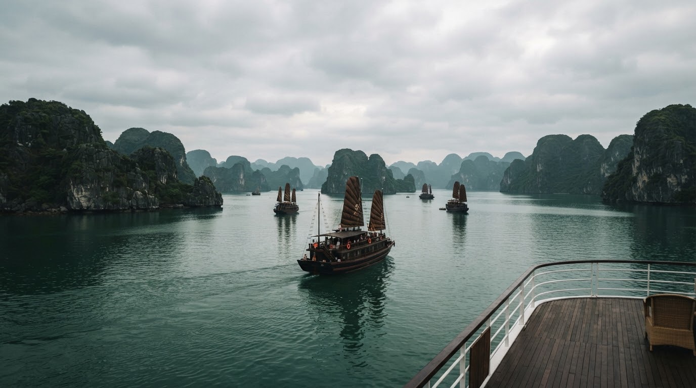 Wooden junk boats sailing between limestone karsts in Ha Long Bay, Vietnam